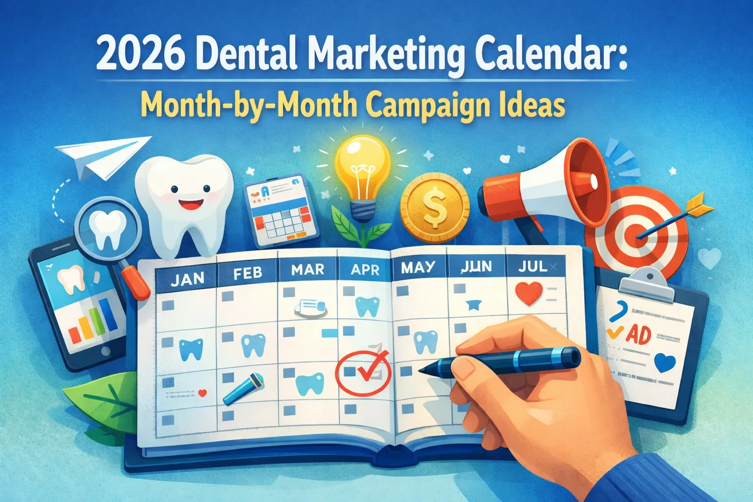2026 dental marketing calendar featured image with month-by-month campaign ideas, dental icons, calendar planner, megaphone, target, and marketing visuals for dental practice promotions