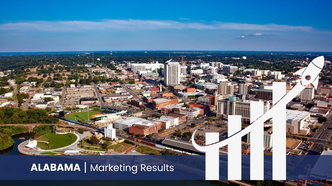 Downtown Montgomery aerial view with Riverwalk Stadium and the Alabama River — Alabama dental marketing services 