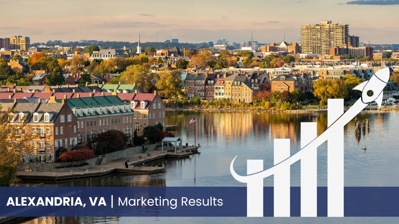 Alexandria skyline with graph showcasing marketing results 