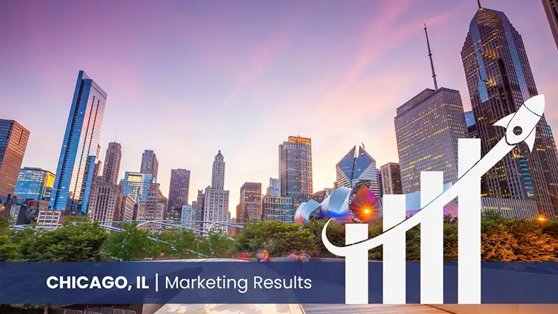 Chicago skyline with graph showcasing marketing results 