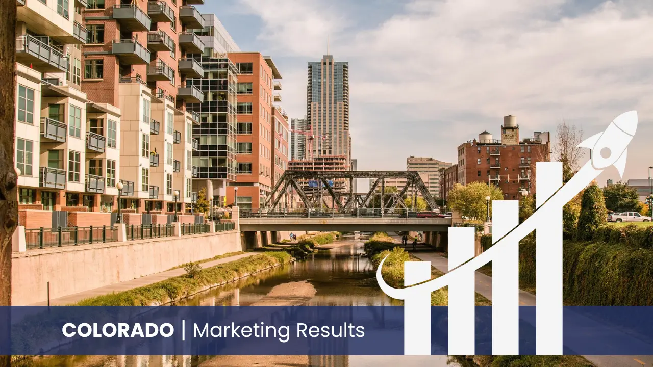 Colorado skyline with graph showcasing marketing results 
