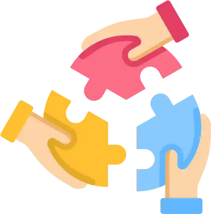 Three hands holding a yellow, blue, or red puzzle piece in a circle