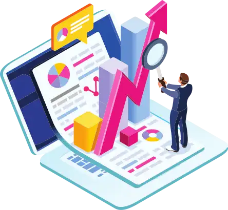 Man holding magnifying glass in front of laptop with charts