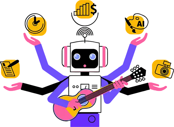 Robot with six arms playing guitar and artistic icons in other hands