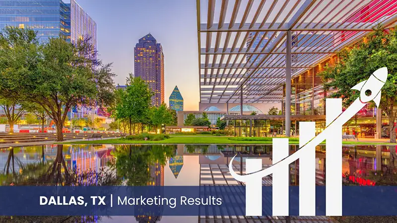 Dallas, TX scenery with graph showcasing marketing results 