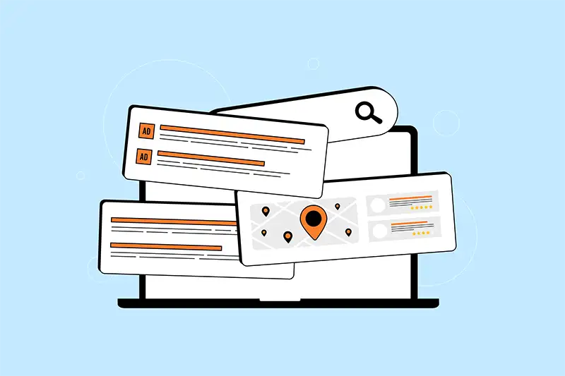 Search results, ads, location, and reviews on laptop monitor Search results, ads, location, and reviews on laptop monitor