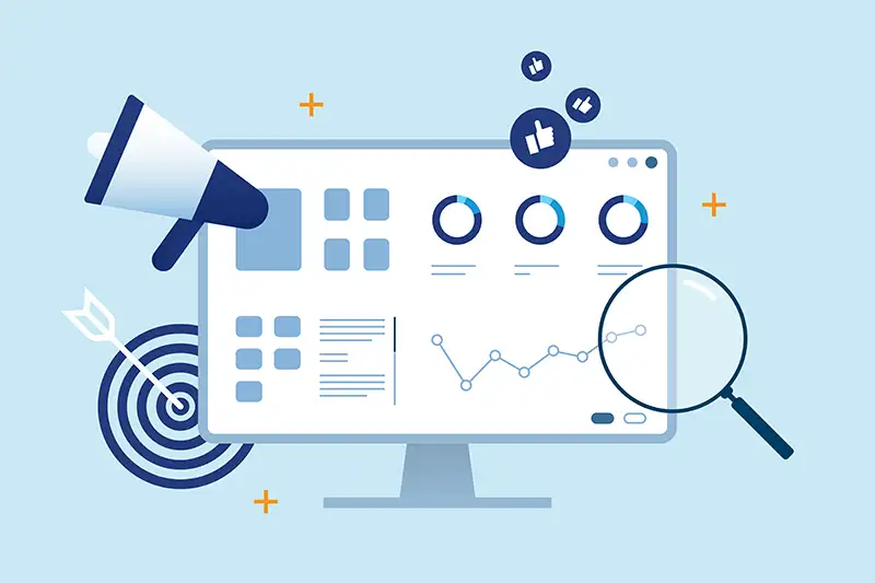 Megaphone and magnifying glass icons surrounding search browser Megaphone and magnifying glass icons surrounding search browser