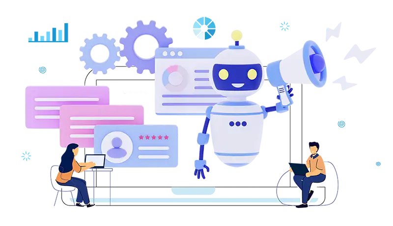 People working on laptops in front of robot with microphone and browsers, automating processes