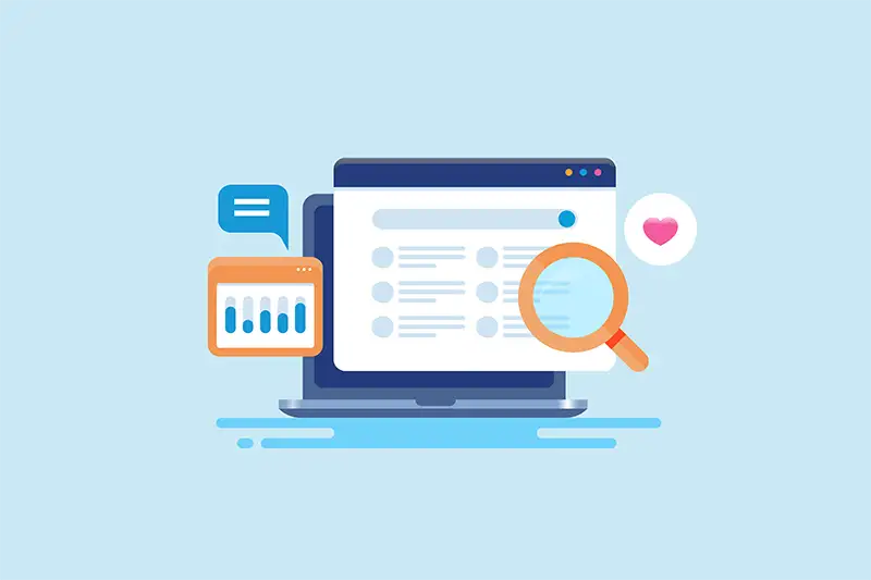 Magnifying glass in front of website browser with search results, analytics, and graphs