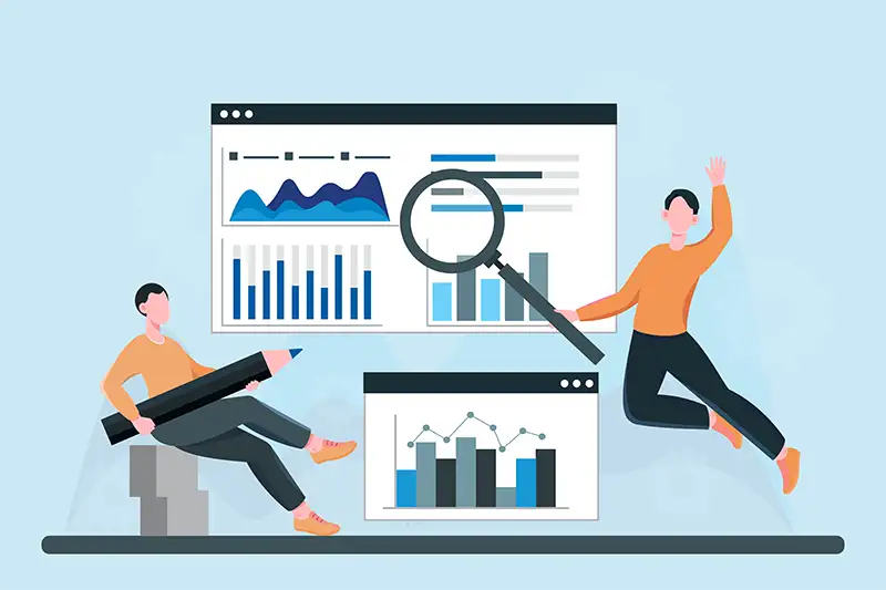 Team with magnifying glass in front of search analytics