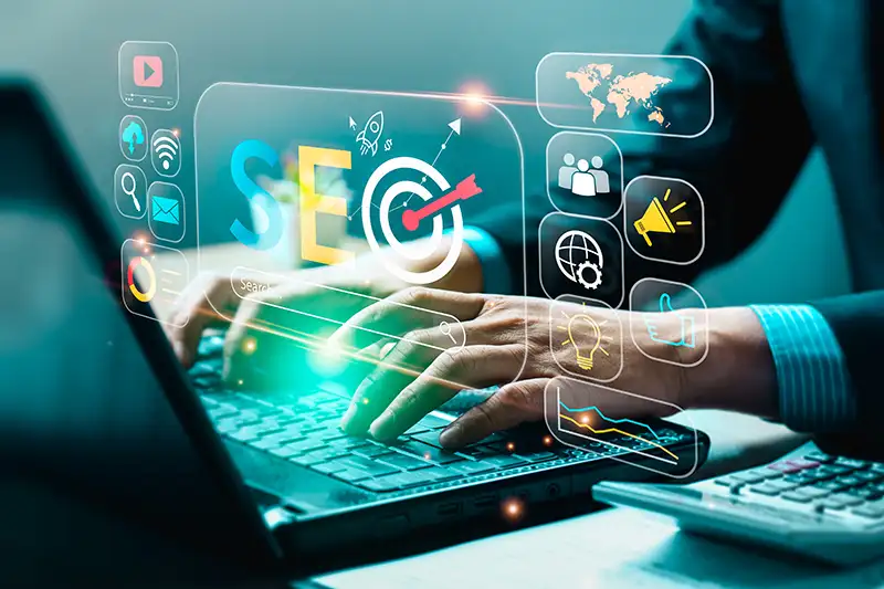 Person searching on laptop with SEO results Person searching on laptop with SEO results