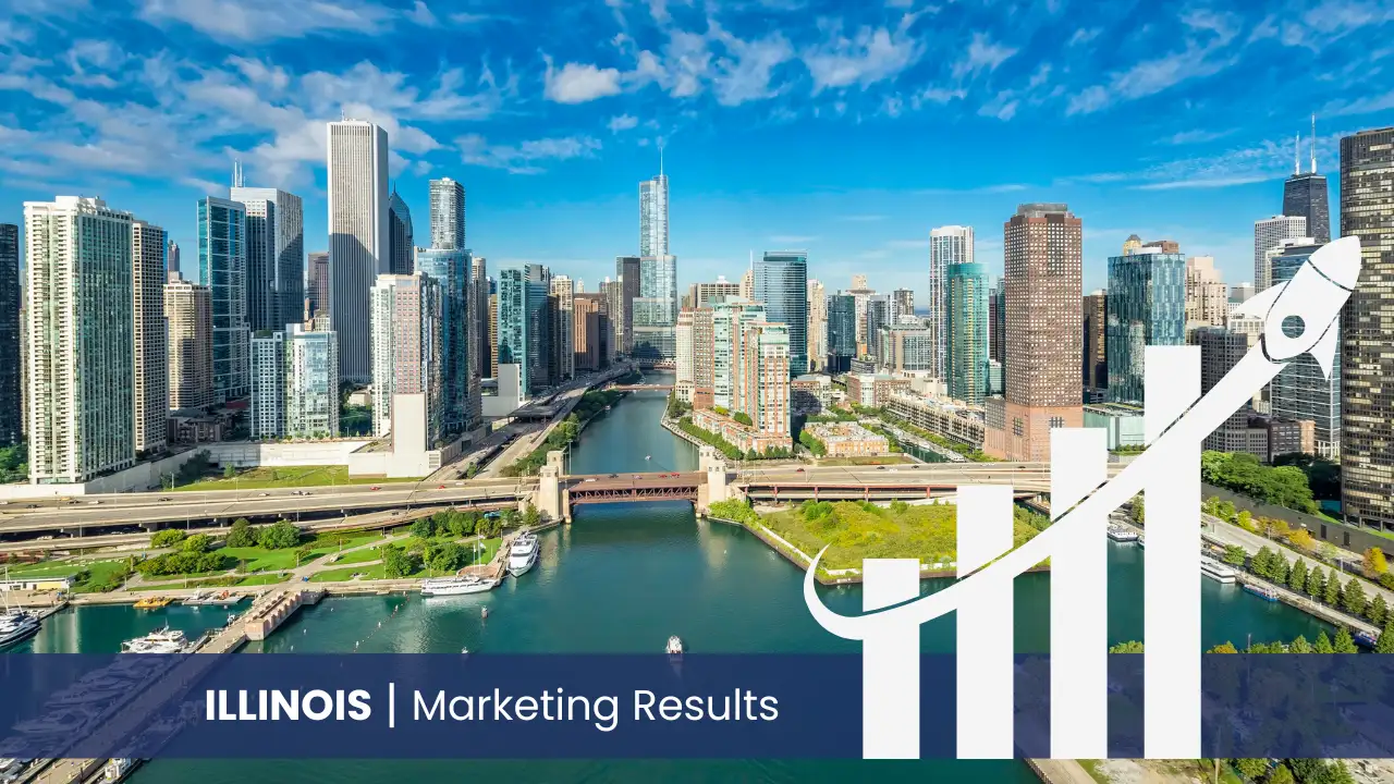 Illinois skyline with graph showcasing marketing results 