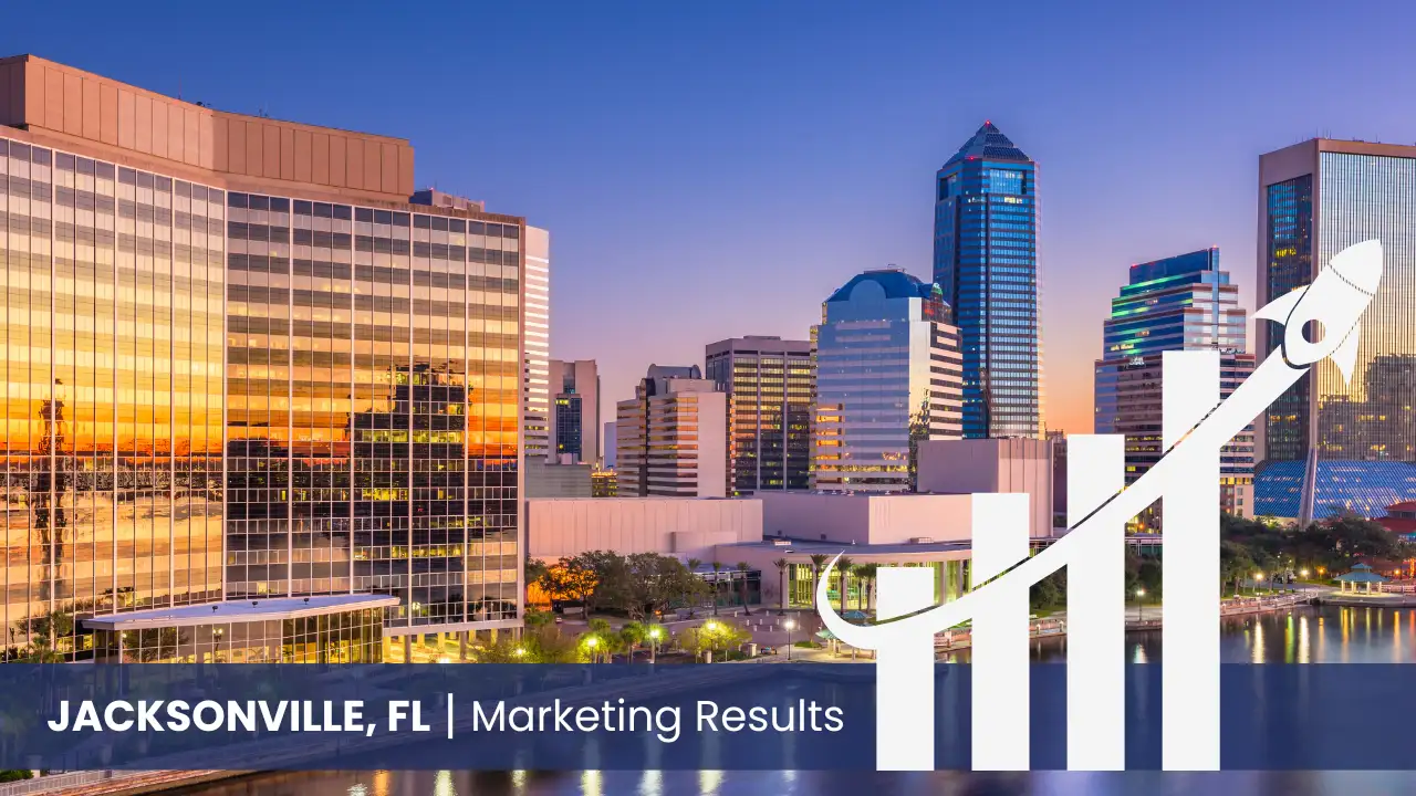 Jacksonville skyline with graph showcasing marketing results 
