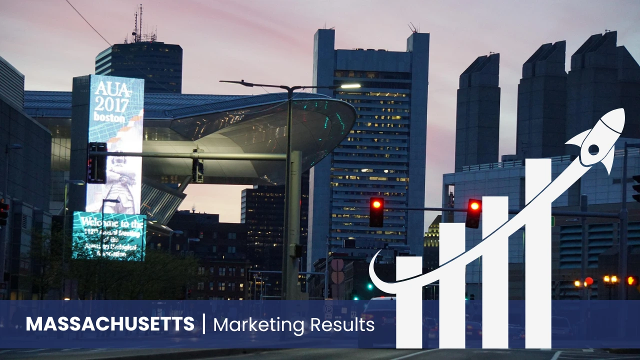 Massachusetts skyline with graph showcasing marketing results 