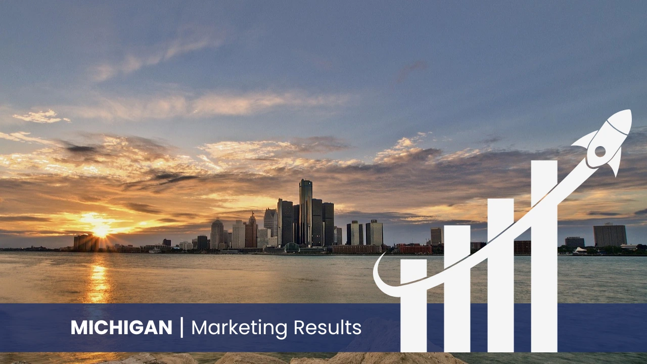 Michigan skyline with graph showcasing marketing results 