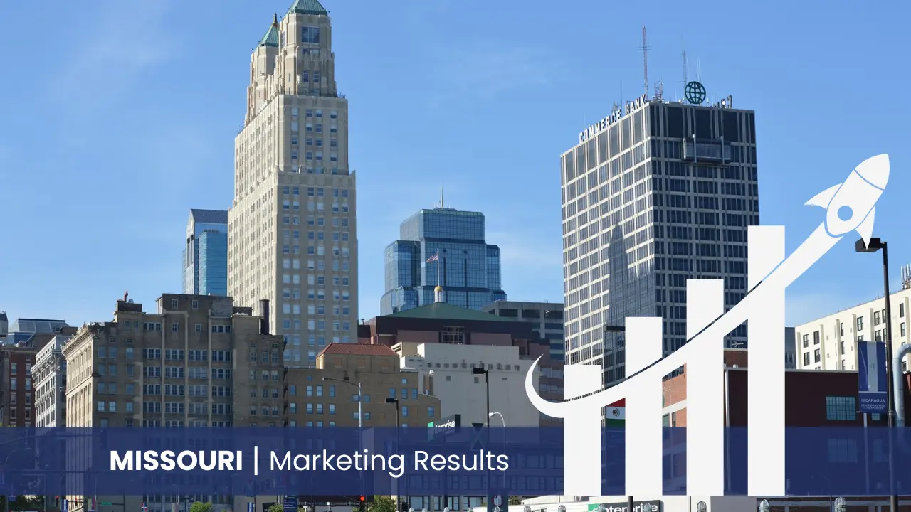 Missouri skyline with graph showcasing marketing results 