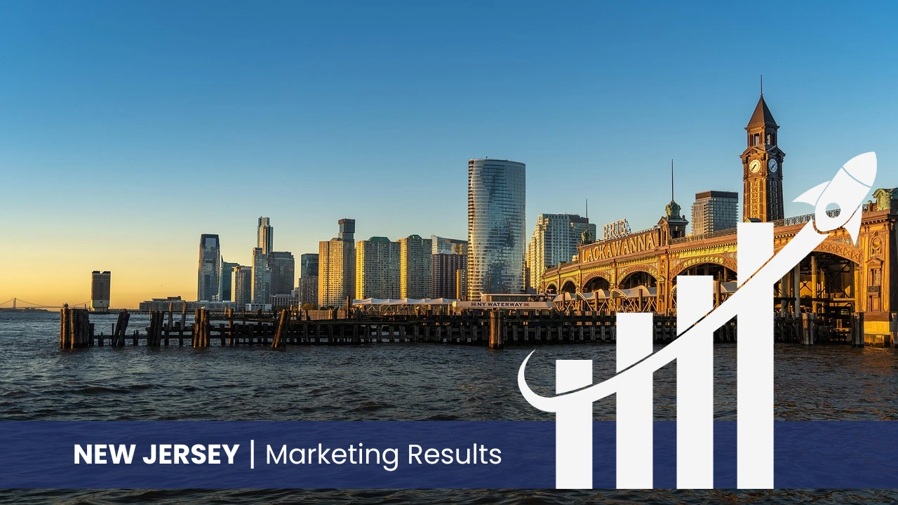 New Jersey skyline with graph showcasing marketing results 