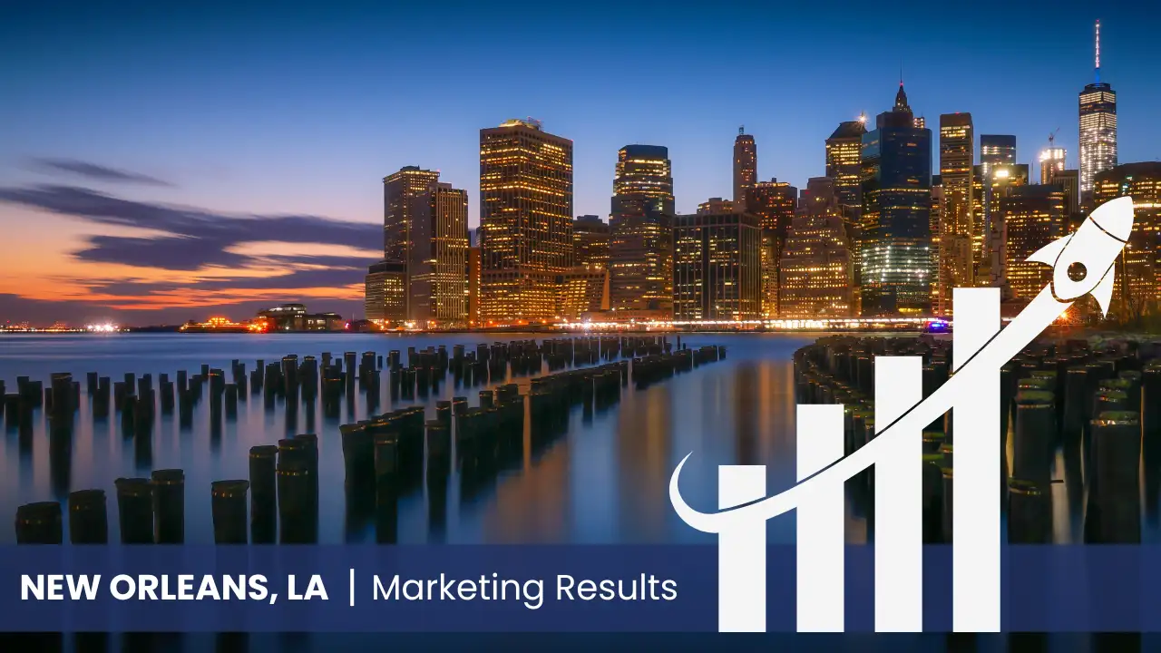 New Orleans skyline with graph showcasing marketing results 