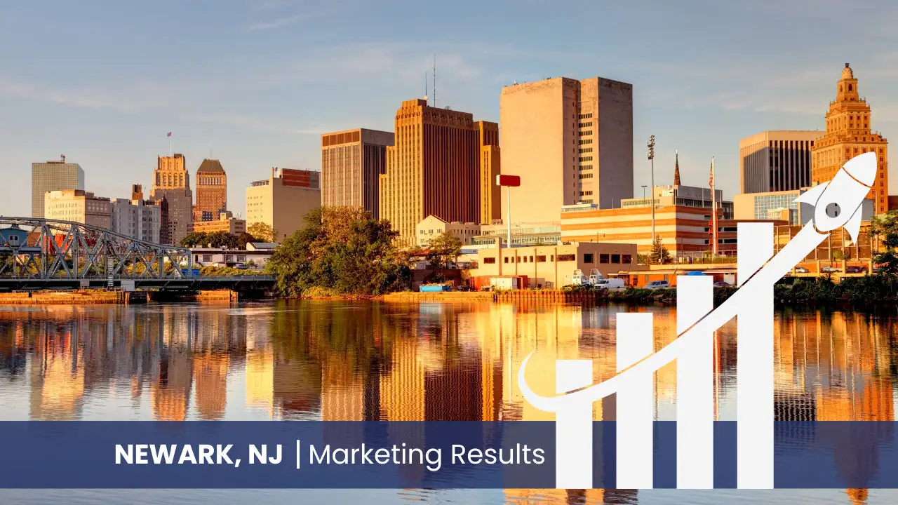 Newark skyline with graph showcasing marketing results 