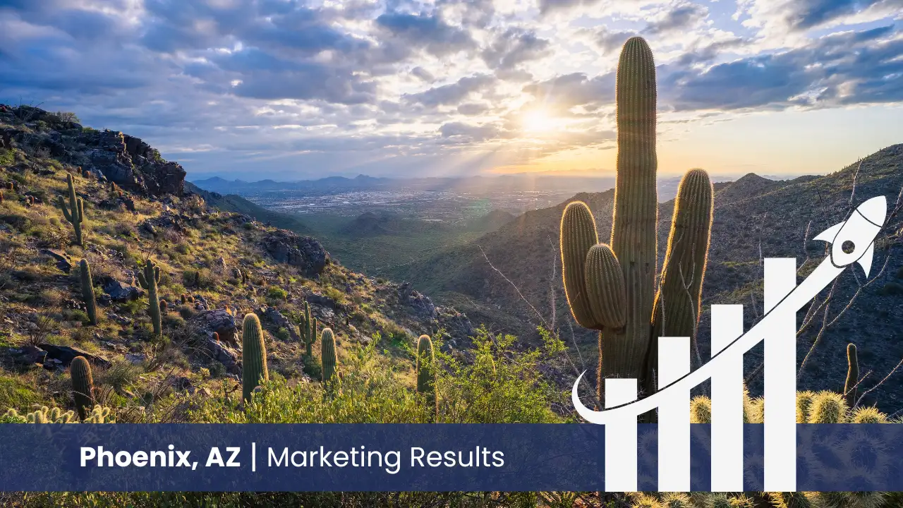 Phoenix skyline with graph showcasing marketing results 