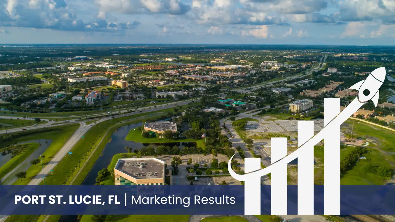 Port St. Lucie skyline with graph showcasing marketing results 