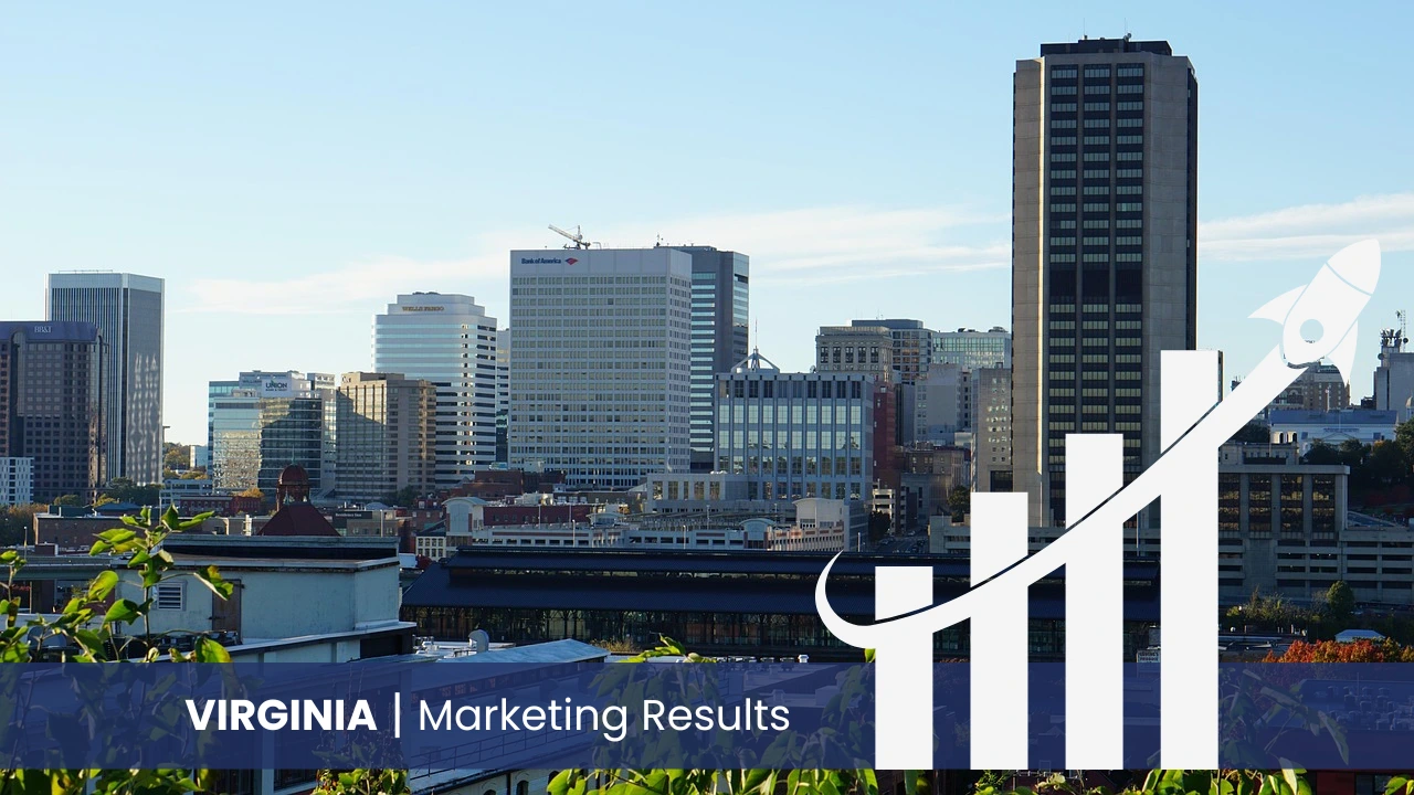 Virginia skyline with graph showcasing marketing results 