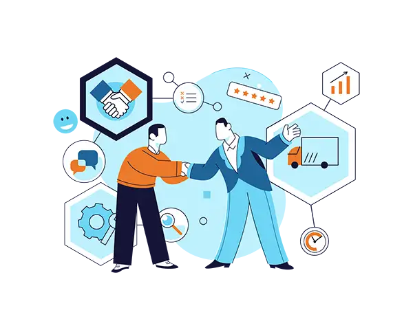 People shaking hands surrounded by reviews, charts, magnifying glas, and chat icons