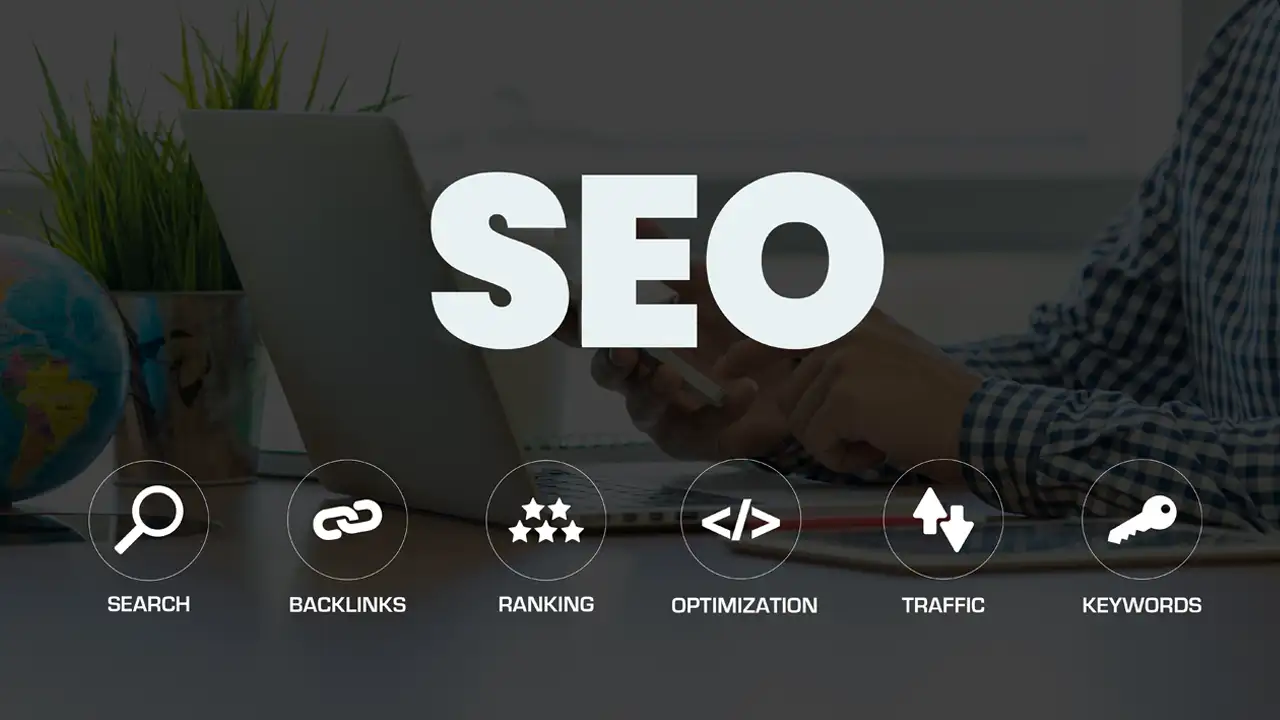 The text SEO with a list of tasks - search, backlinks, ranking, optimization, traffic and keywords 