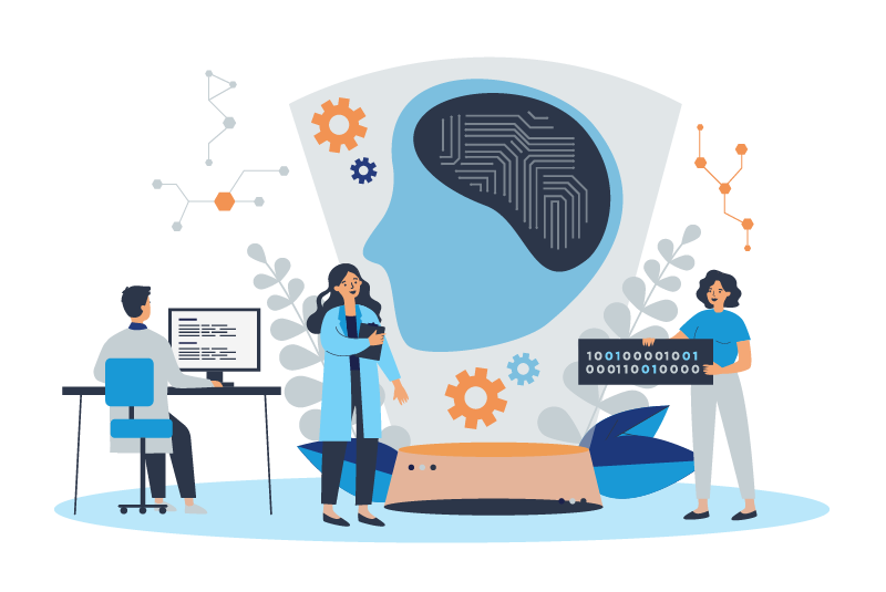 Illustration of dentists guiding AI to help with their practice and treatment planning