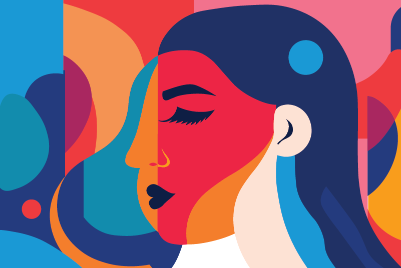 Illustration of woman contemplating the meanings behind colors in an abstract style with bold colors.