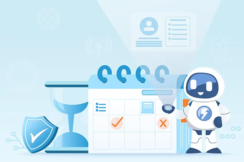 Robot holding projection over calendar and hourglass
