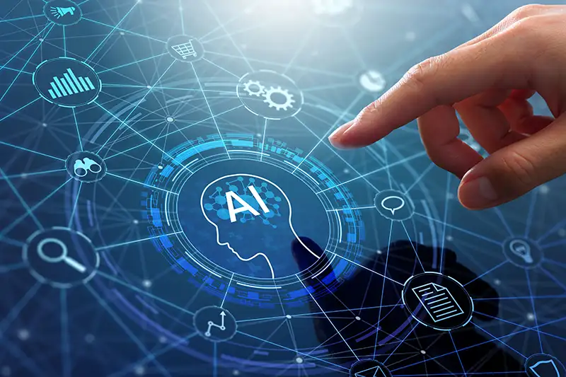 Finger pointing to head and AI icon on application network Finger pointing to head and AI icon on application network