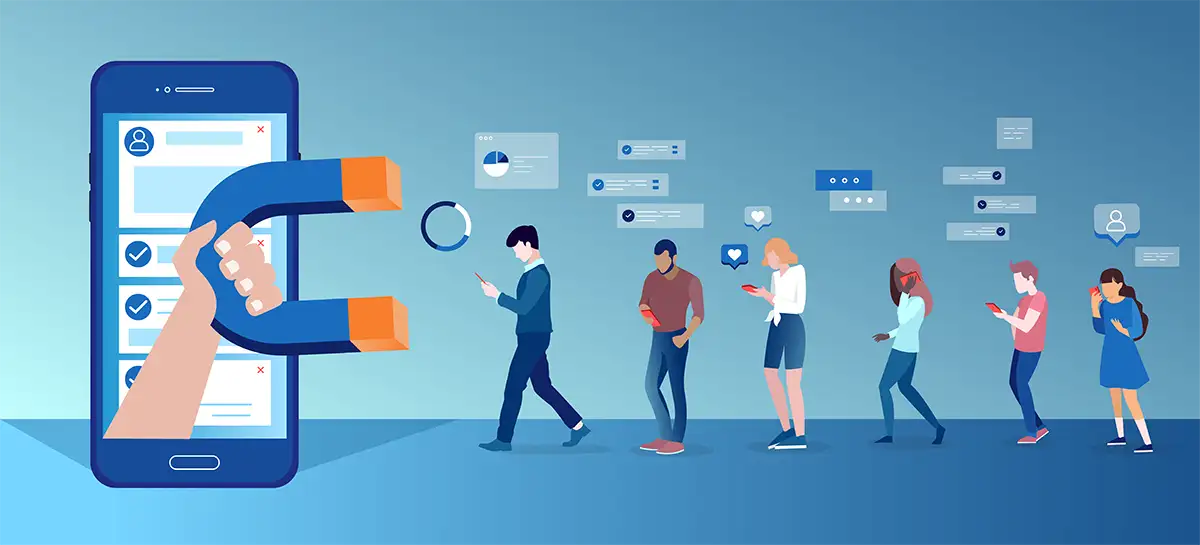 Vector of a group of people using mobile gadgets communicating being attracted by social media app