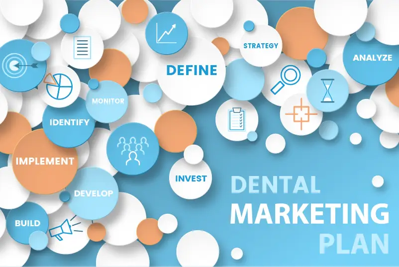 Orange, blue, and white bubbles with text that reads 'Dental Marketing Plan'