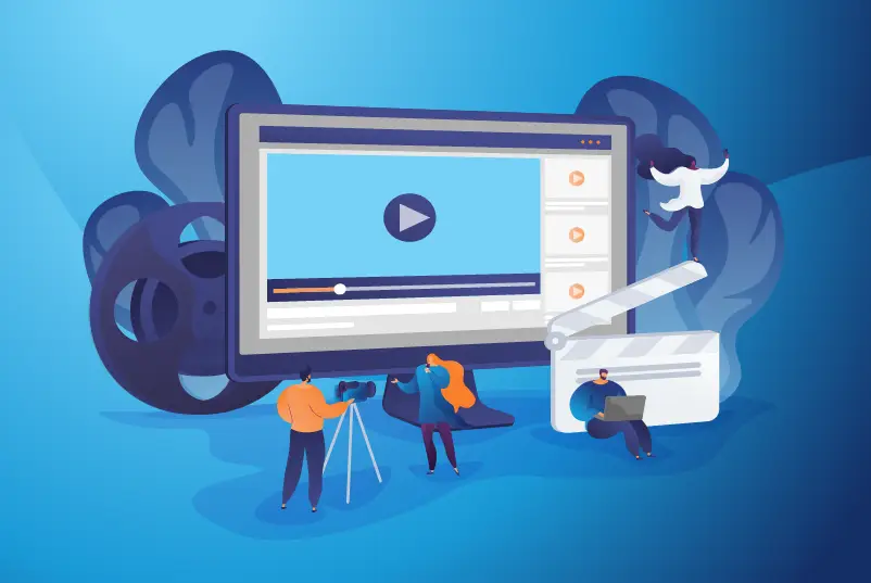 Illustration of characters interacting with a marketing video