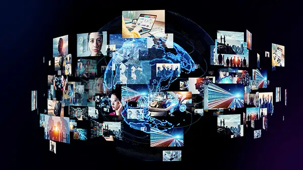 Generated AI images surrounding a globe Generated AI images surrounding a globe