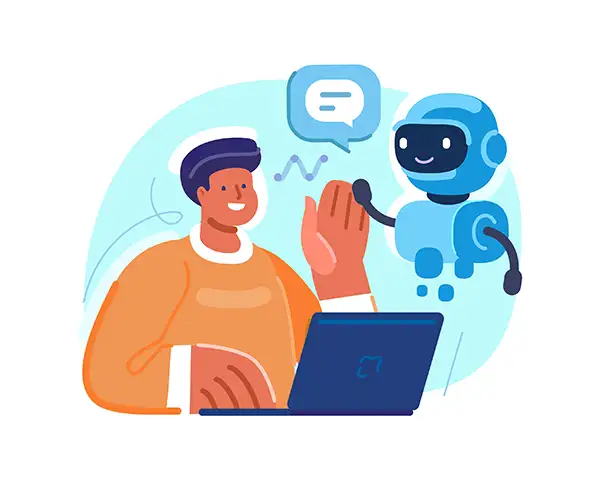 Person using laptop works with artificial intelligence virtual robot assistant Person using laptop works with artificial intelligence virtual robot assistant