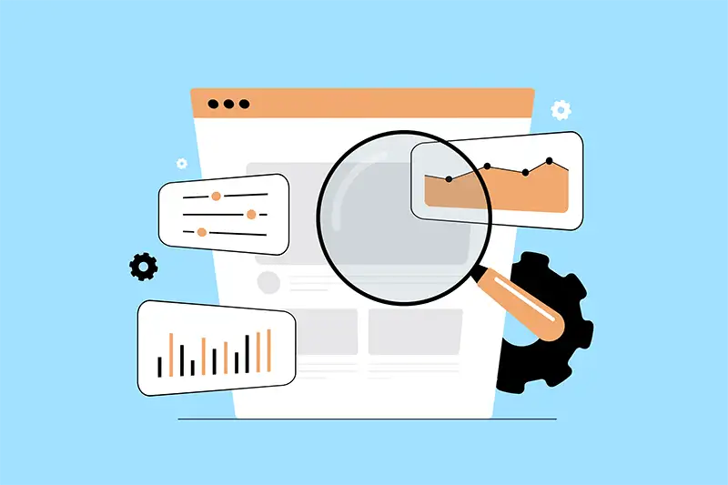 Magnifying glass over browser with analytics Magnifying glass over browser with analytics