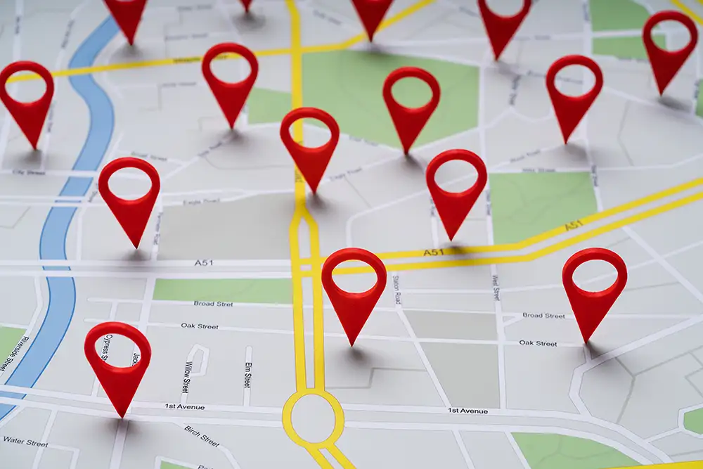 Location pins across a map Location pins across a map