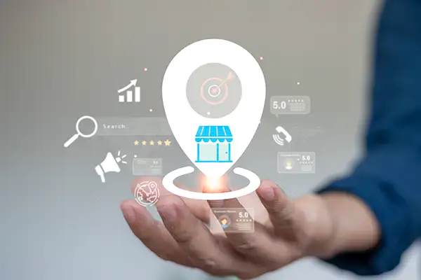 Hand with search result and business listing icons Hand with search result and business listing icons