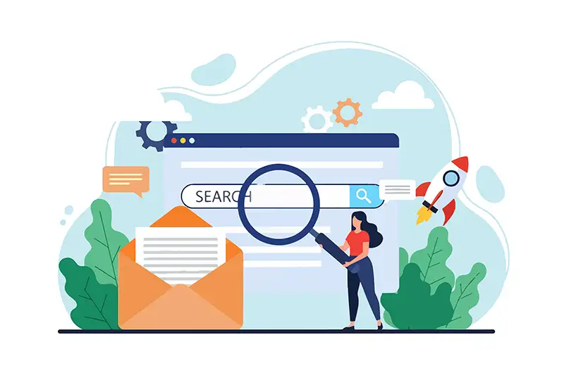 Person holding magnifying glass over search engine browser