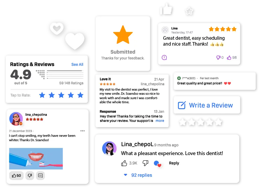 Collection of positive online reviews for a dental practice