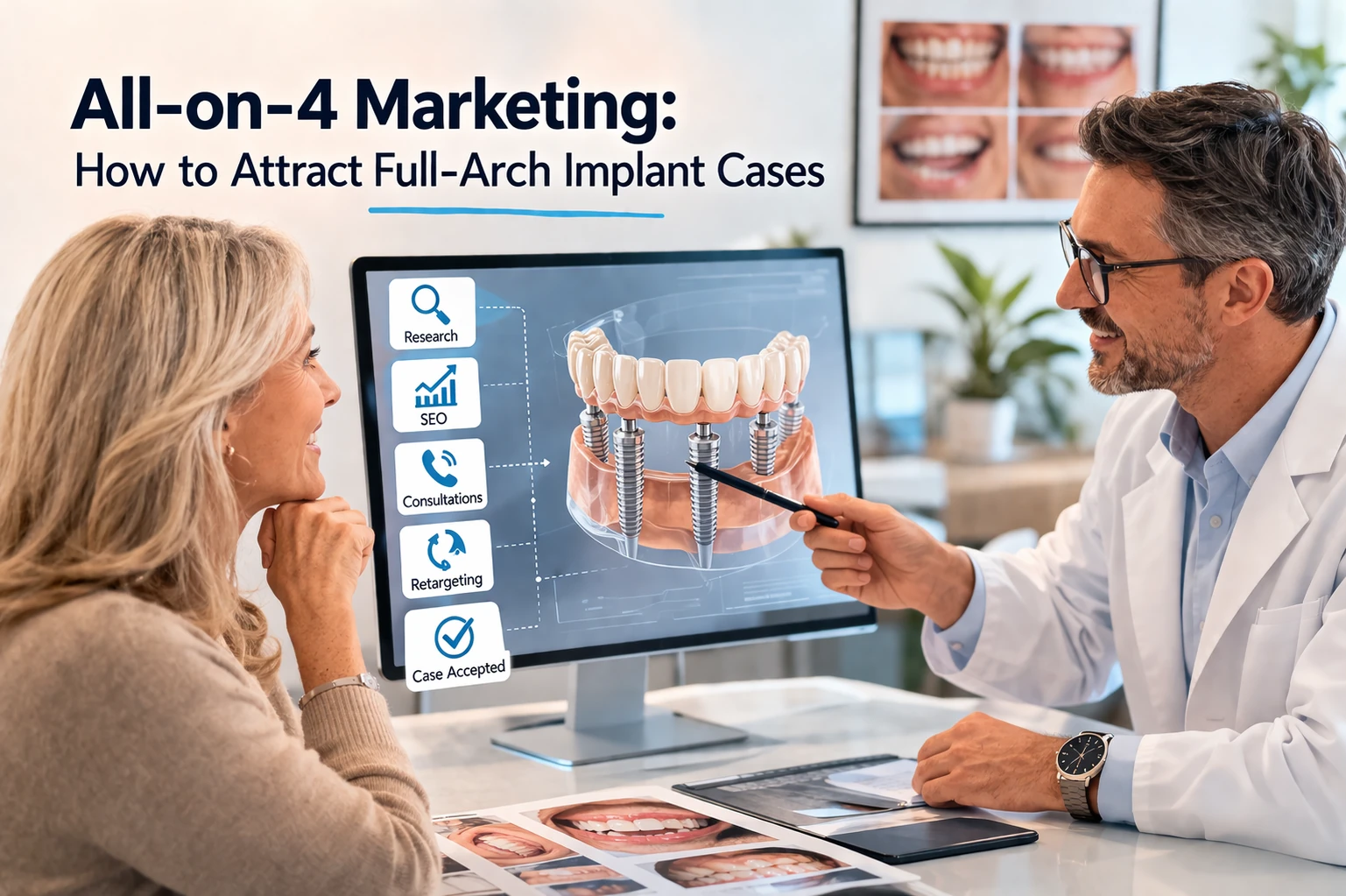 All-on-4 marketing illustration showing a dentist consulting with an older patient about full-arch implants, with on-screen icons for research, SEO, consultations, retargeting, and case acceptance.