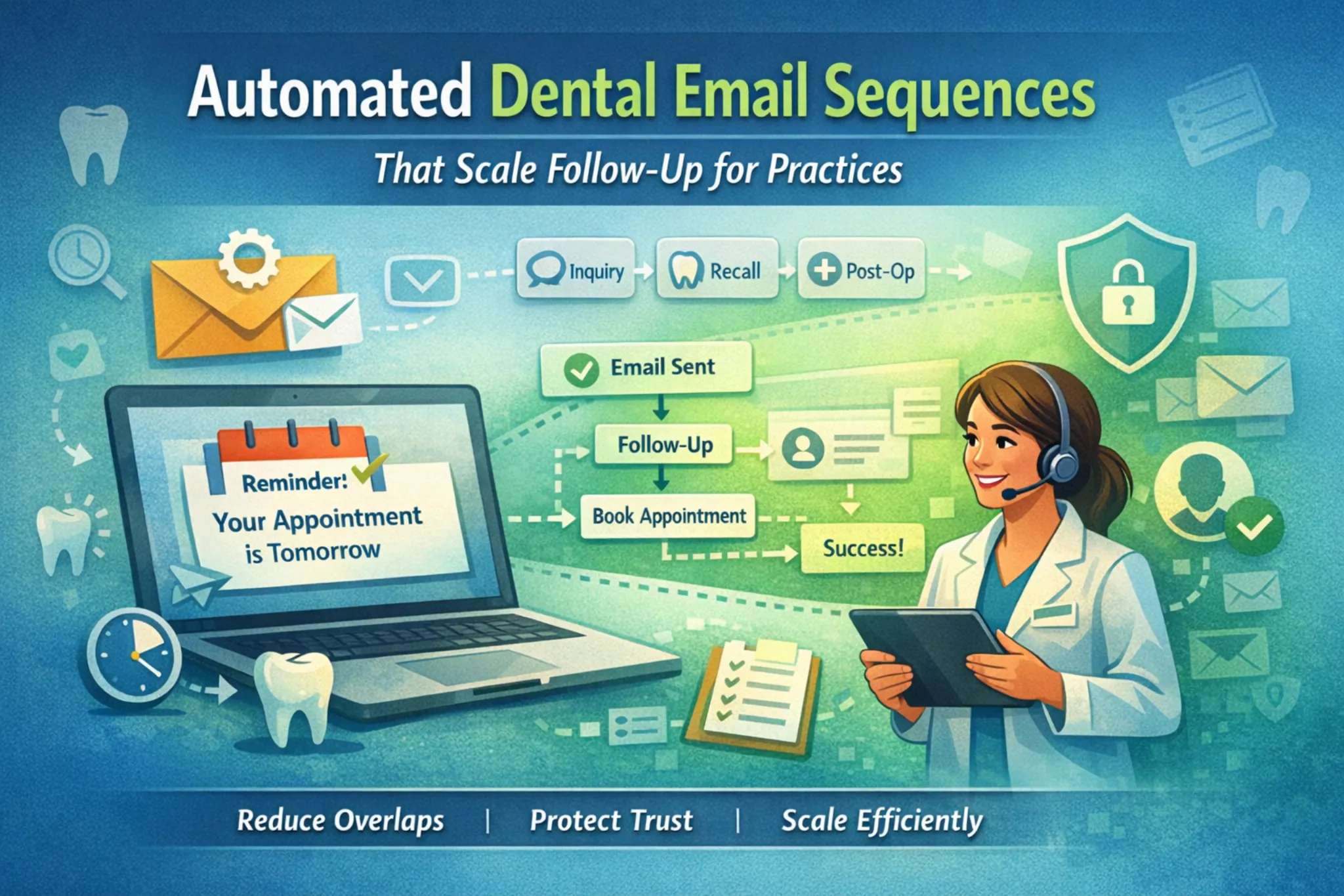 Colorful digital illustration of a dental practice using automated email follow-up sequences with icons for reminders, patient communication, and trust protection.