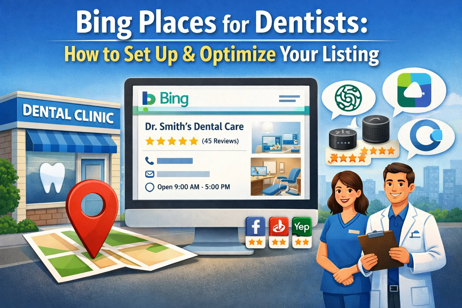 Illustration of a Bing Places for Business listing for a dental practice, showing a dental office, map pin, patient reviews, and local search visibility for dentists optimizing Bing Places listings.