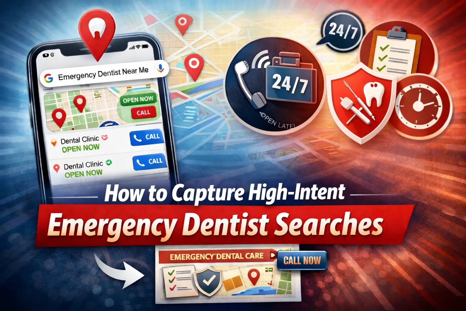 Phone showing ‘Emergency Dentist Near Me’ map results with tap-to-call buttons, plus 24/7, checklist, trust shield, and clock icons.