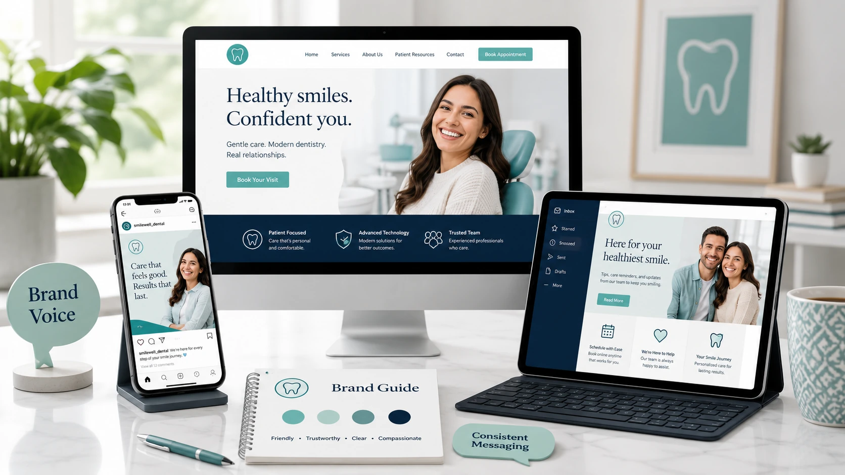 Dental brand voice strategy shown across a website, social media, email, and brand guide with consistent messaging for a dental practice