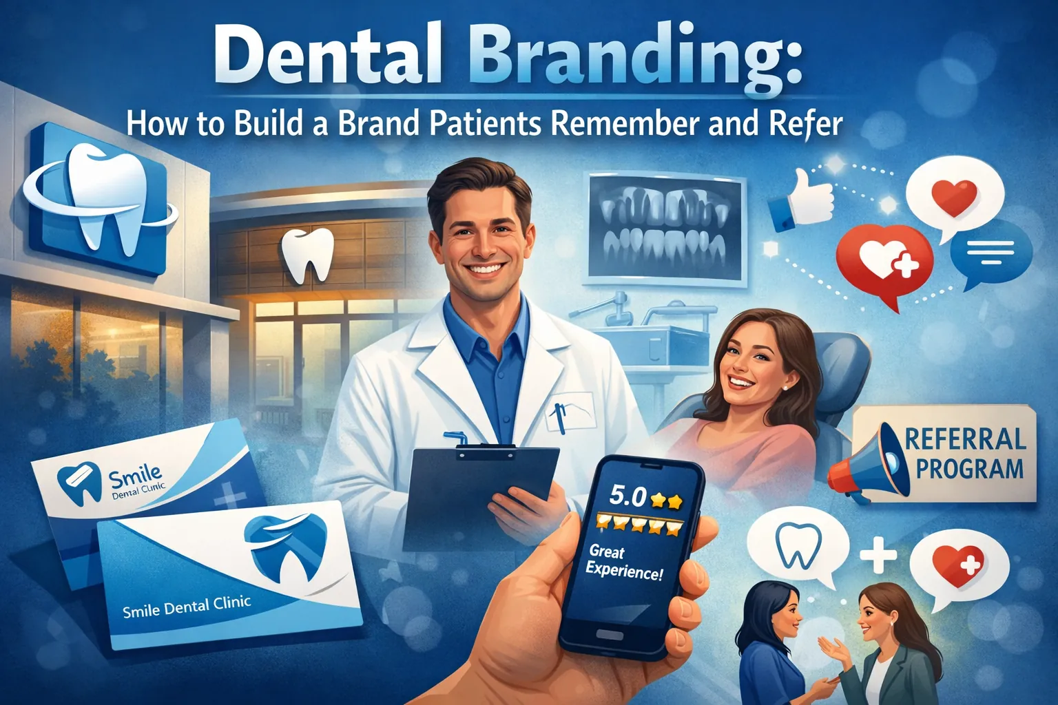Dental branding featured image illustrating a modern dental practice brand that patients remember and refer, featuring a dentist, brand identity visuals, five-star review, and referral program icons.