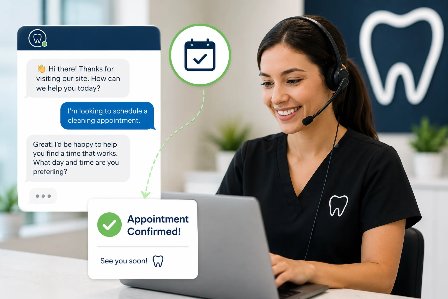 Dental chat script example showing an online conversation that helps website visitors schedule a dental appointment