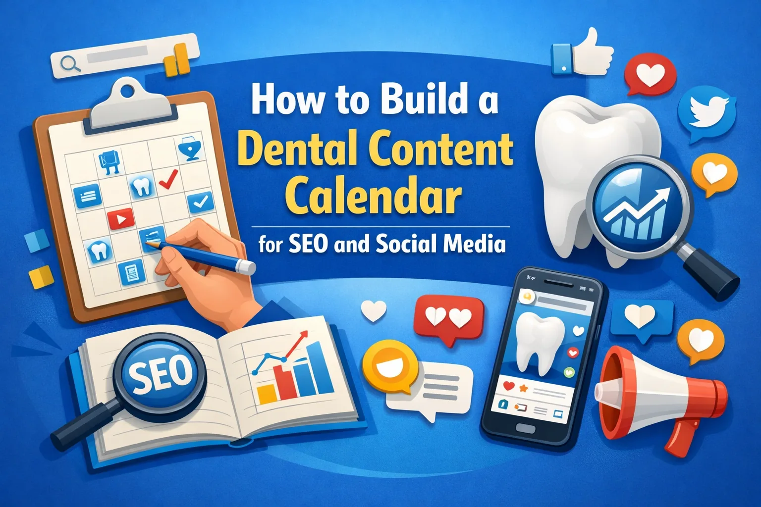 Dental content calendar for SEO and social media featuring a dental marketing planning illustration with calendar, tooth icon, search and social media elements